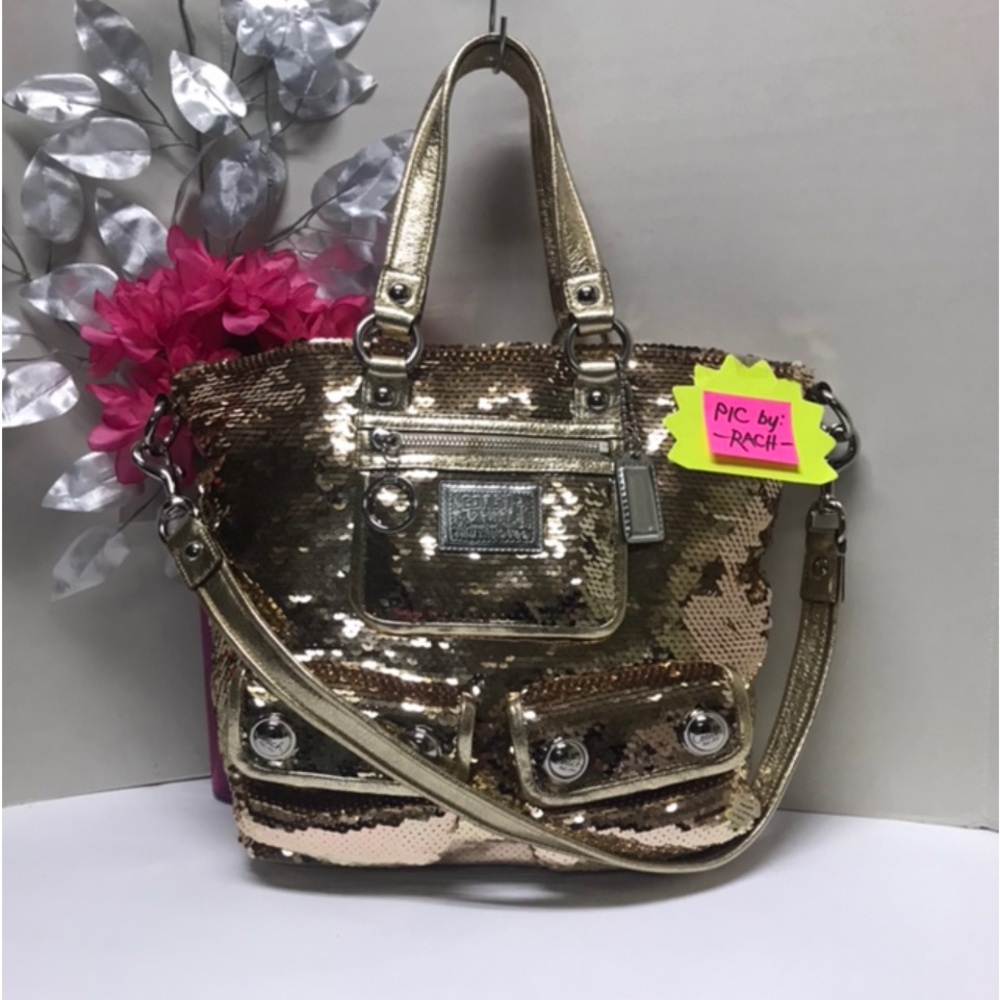 RARE! COACH SPOTLIGHT Yellow Gold Sequins Glitter #15838 Purse Shoulder Hand Bag